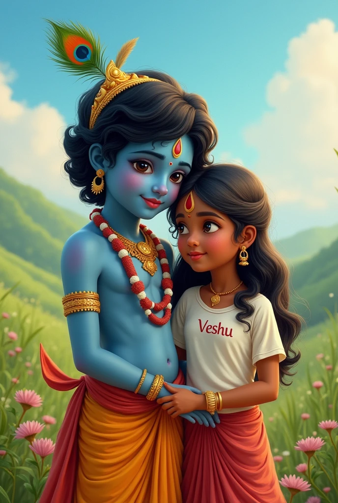 Cute lord Karishna and A indian girl she wear white shirt and on the her shirt write name Veshu