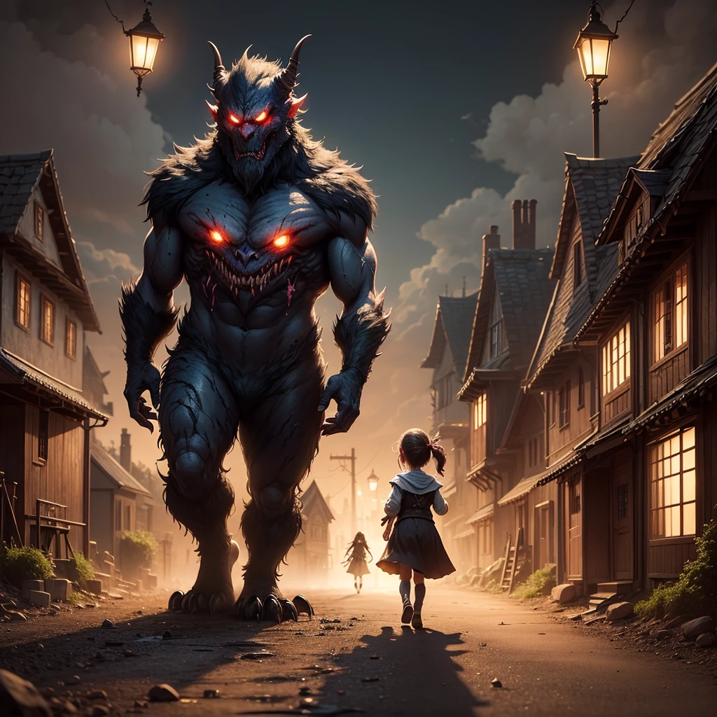 A very bad monster that invade a small village at night and two s run from that monster