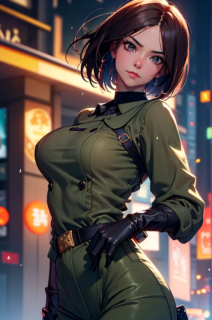 (at night), in a video game scene in the background, a beautiful city at night, raining, alone, standing looking straight ahead, military clothing with military green skirt and pants, black gloves, semi-short hair, ((semi-short hair)), 1 girl, 30 years old, young woman, perfect hands, Beautiful fingers, Beautiful long legs, Beautiful body, Beautiful nose, Beautiful character design, perfect face, looking straight at the viewer with a serious gesture, very upset looking at the viewer, she has a black whip in her hand (focusing on her face), closed mouth, smile_light, official art, extremely detailed CG unity 8k wallpaper, perfect lighting, bright and colorful front lighting, skin glossy (masterpiece: 1.0), (best_quality: 1.0), ultra high resolution, 4k, ultra detailed photography, 8K, hdr, high resolution, nonsense:1.2, Kodak portrait 400, film grain, blurred background, bokeh:1.2 , Lens flare, (vibrant_color:1.2), professional photography, (Beautiful, breasts: 1.4), (Beautiful_face: 1.5), (narrow waist),
