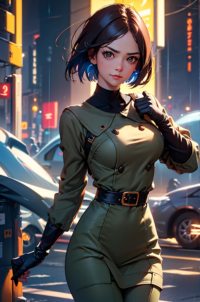 (at night), in a video game scene in the background, a beautiful city at night, raining, alone, standing looking straight ahead, military clothing with military green skirt and pants, black gloves, semi-short hair, ((semi-short hair)), 1 girl, 30 years old, young woman, perfect hands, Beautiful fingers, Beautiful long legs, Beautiful body, Beautiful nose, Beautiful character design, perfect face, looking straight at the viewer with a serious gesture, very upset looking at the viewer, she has a black whip in her hand (focusing on her face), closed mouth, smile_light, official art, extremely detailed CG unity 8k wallpaper, perfect lighting, bright and colorful front lighting, skin glossy (masterpiece: 1.0), (best_quality: 1.0), ultra high resolution, 4k, ultra detailed photography, 8K, hdr, high resolution, nonsense:1.2, Kodak portrait 400, film grain, blurred background, bokeh:1.2 , Lens flare, (vibrant_color:1.2), professional photography, (Beautiful, breasts: 1.4), (Beautiful_face: 1.5), (narrow waist),