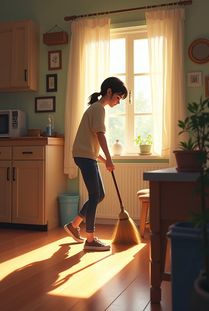 a teenage girl sweeping the floor by her own in their house