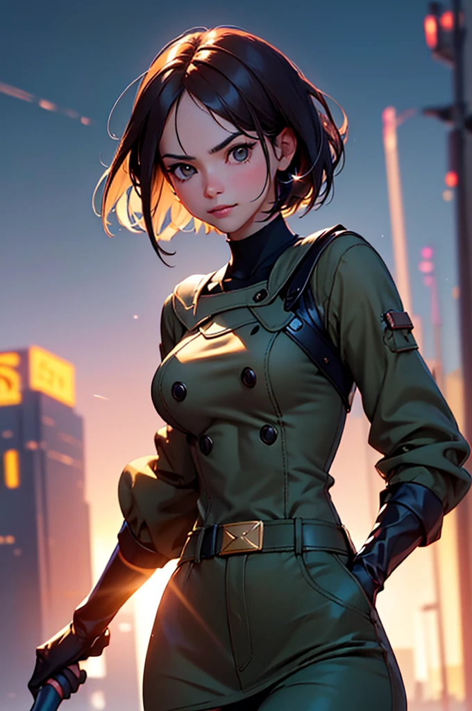 (at night), in a video game scene in the background, a beautiful city at night, raining, alone, standing looking straight ahead, military clothing with military green skirt and pants, black gloves, semi-short hair, ((semi-short hair)), 1 girl, 30 years old, young woman, perfect hands, Beautiful fingers, Beautiful long legs, Beautiful body, Beautiful nose, Beautiful character design, perfect face, looking straight at the viewer with a serious gesture, very upset looking at the viewer, she has a black whip in her hand (focusing on her face), closed mouth, smile_light, official art, extremely detailed CG unity 8k wallpaper, perfect lighting, bright and colorful front lighting, skin glossy (masterpiece: 1.0), (best_quality: 1.0), ultra high resolution, 4k, ultra detailed photography, 8K, hdr, high resolution, nonsense:1.2, Kodak portrait 400, film grain, blurred background, bokeh:1.2 , Lens flare, (vibrant_color:1.2), professional photography, (Beautiful, breasts: 1.4), (Beautiful_face: 1.5), (narrow waist),