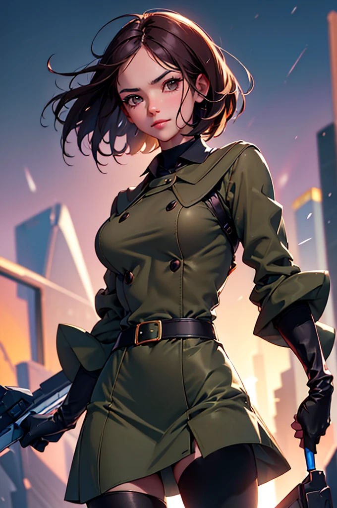 (at night), in a video game scene in the background, a beautiful city at night, raining, alone, standing looking straight ahead, military clothing with military green skirt and pants, black gloves, semi-short hair, ((semi-short hair)), 1 girl, 30 years old, young woman, perfect hands, Beautiful fingers, Beautiful long legs, Beautiful body, Beautiful nose, Beautiful character design, perfect face, looking straight at the viewer with a serious gesture, very upset looking at the viewer, she has a black whip in her hand (focusing on her face), closed mouth, smile_light, official art, extremely detailed CG unity 8k wallpaper, perfect lighting, bright and colorful front lighting, skin glossy (masterpiece: 1.0), (best_quality: 1.0), ultra high resolution, 4k, ultra detailed photography, 8K, hdr, high resolution, nonsense:1.2, Kodak portrait 400, film grain, blurred background, bokeh:1.2 , Lens flare, (vibrant_color:1.2), professional photography, (Beautiful, breasts: 1.4), (Beautiful_face: 1.5), (narrow waist),
