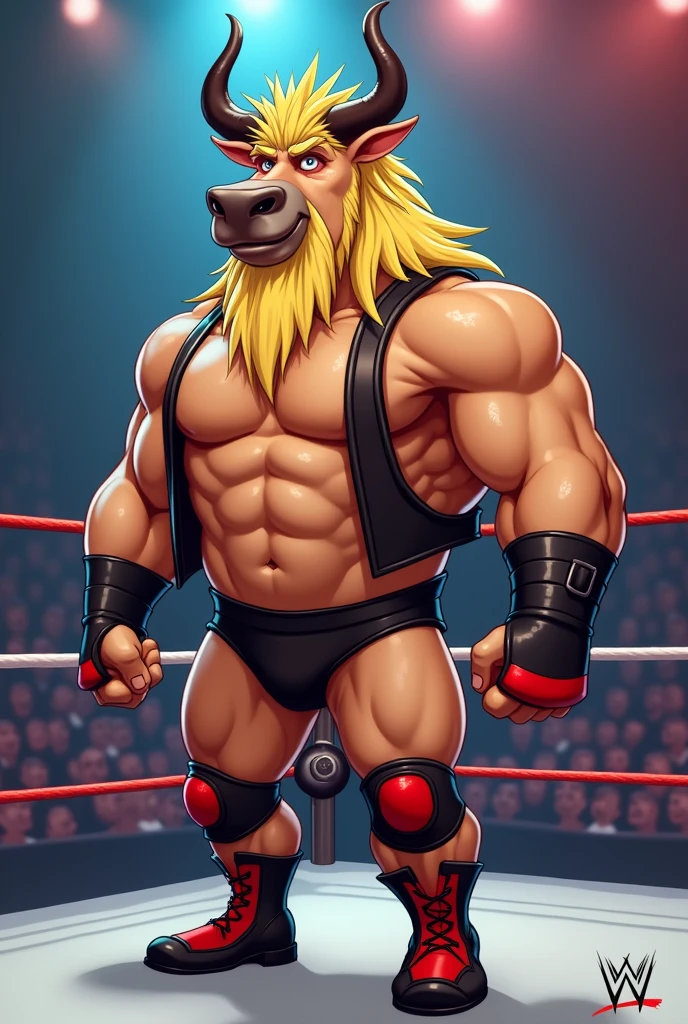 Cartoon Wildebeest dressed like NWA wrestler Barry Windham.
Cartoon Wildebeest head. Cartoon Wildebeest face. Cartoon Wildebeest hands. Cartoon Wildebeest chest. Cartoon Wildebeest arms. Cartoon Wildebeest legs.
Bushy blonde mullet head hair. Muscular.
Black trunks. Black wrist tape.
Red left kneepad. Black right knee pad. Black leather vest. Black and red cowboy boots.
Standing in a wrestling ring.
