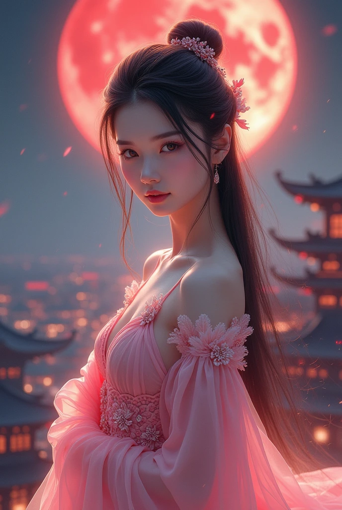 Nie Xiaoqian,Huang Xu Xian, background_picture,Wearing ancient Chinese attire (translucent, A shimmering pink robe:1.4), Hair Bun,Solitary,1 female,Long hair,angel,Practical,Chinese clothes,Hanfu,Hair Bun,Lips,parted Lips,Look at the audience., chinese fan in her hand.,Upper Body(With an ancient Chinese city as the background:1.2),(Standing under the glow of a full blood moon:1.3),, See her whole front, best quality. , masterpiece, illustration, Very delicate and beautiful, Very detailed ,CG,Unite,8k wallpaper, Miracle, Fine details, masterpiece, best quality,Official Art,Very detailed CG Unite 8k wallpaper,nonsense, incredibly nonsense, Large file size , Very detailed, high, Very detailed,Beautiful girls with details, Very detailed eyes and face, Beautifully detailed eyes,There is light on the face,