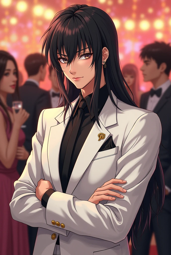 Seiya Kou anime male from the Three Lights group of sailor moon anime from the 90's dressed in an elegant white suit at an anniversary party