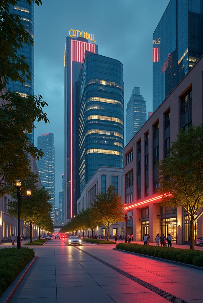 City Hall, City view ,Art Deco design,Streamlined Modern,Futuristic Architecture, Abstraction,Modern Style,Luxury and luxury,Night view of the future,Futuristic decorative elements,metallic,Number line,SF Lamp,Virtual Engine,Unreal Rendering, Neon Light, green, Bike lanes, Wide sidewalks