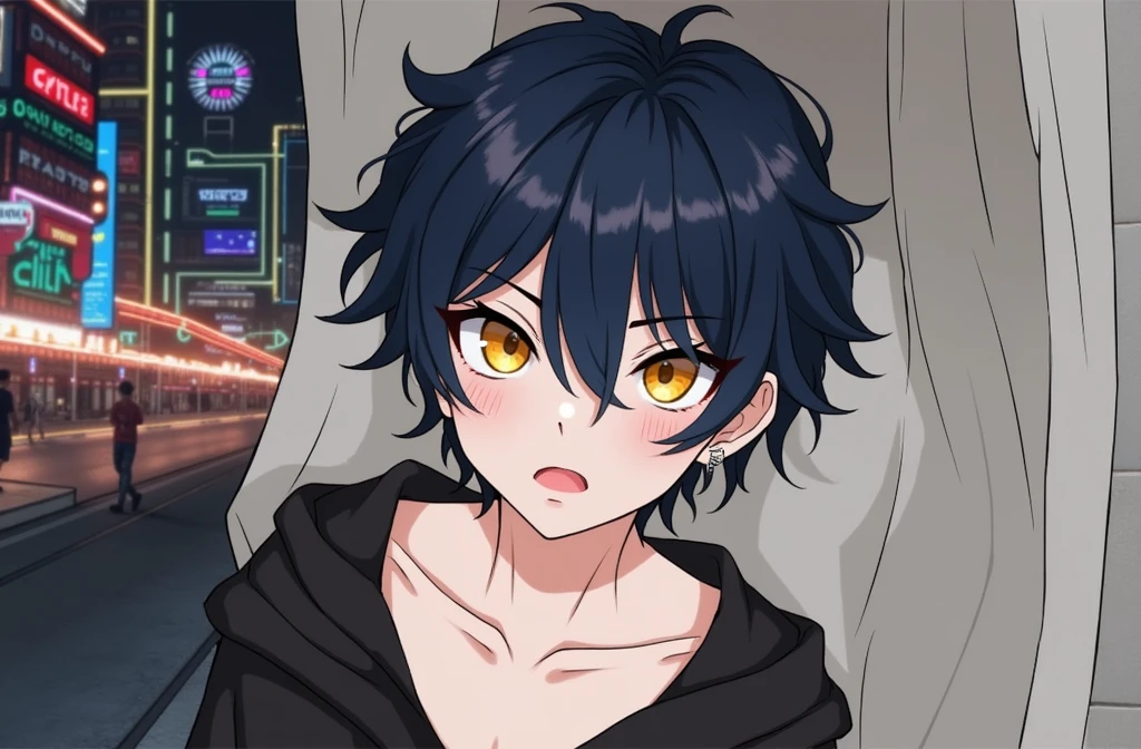 One cool guy,Black clothes,Wearing a hood,Navy Blue Hair,Loosening perm,mash,Yellow Eyes,Double,Break,Mole on right eyelid,singer,Neon Town,Landscape,Look over here,Crouching