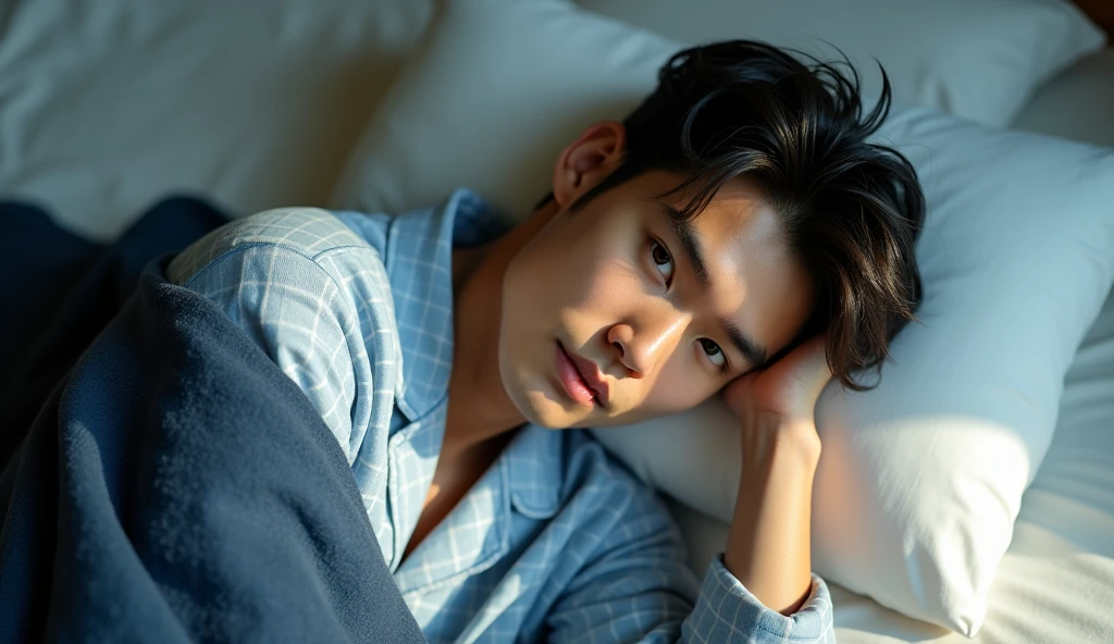a handsome tanned japanese man, wearing light blue cotton plaid pajamas, seen laying down on his cozy bed with white sheet and dark blue plaid blanket, photo taken from above, and his hand underneath his head, his face looks like he is daydreaming but looking at camera, particles and nice lighting, UHD, HDR, 8k, Masterpiece