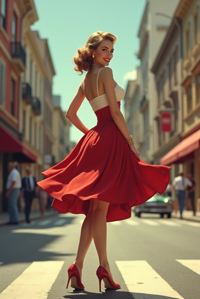In a lively street scene from the 1950s, a stunning woman is crossing the street, (((wearing a knee-length skirt))) that accentuates her curves, and a form-fitting blouse that highlights her ample bosom, supported by a bullet bra, (((The seams of her alluring stockings draw attention))) as she smiles over her shoulder in response to a whistle from behind. The woman embodies a classic pin-up figure, with a dazzling smile and confident demeanor. Her hair is perfectly styled, complemented by matching accessories like earrings and a necklace. As she crosses the street, her skirt lifts slightly in the breeze, further accentuating her feminine contours. In the background of the street scene, additional pedestrians and classic cars contribute to the ambiance of the 1950s. The scene exudes charm and elegance, with the woman confidently and coquettishly displaying her beauty. This image captures the timeless glamour and flirtatious atmosphere of the 1950s. The scene evokes a nostalgic mood, perfectly encapsulating the beauty and dynamics of the era. The viewer is transported to a bygone era of style and elegance, with the woman's seductive allure taking center stage, from behind, wideankle shot, (view from behind:1.5),(whole person:1.5), vintage_p_style, tan nylons