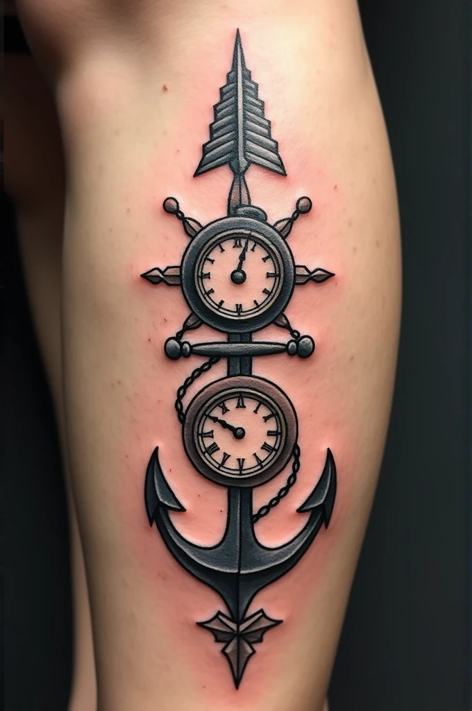 Arrow tattoo that includes a compass, an anchor and a clock 

