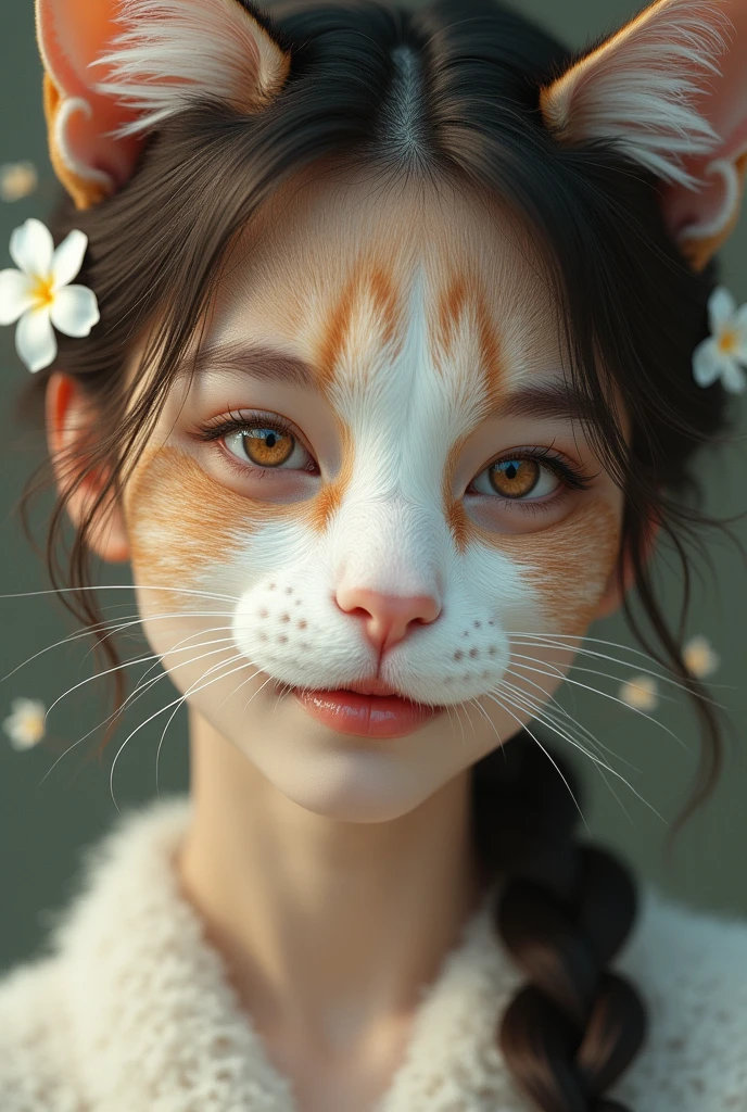 Prompt 6**: A close-up of the lady female face cat's face, with her fluffy fur, jasmine-adorned ears, and warm, expressive eyes. Her hair is tied back in a braid, and she has a gentle smile, radiating beauty and grace.