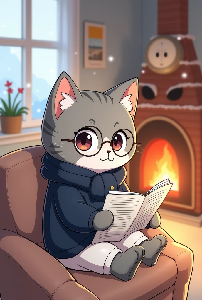 please make a cute picture of the chibi version of Felis Gyra's male cat, gray with patterns, wearing round glasses, wearing a warm navy blue sweater and white shorts, and wearing a watch, the cat is facing the picture, the cat is sitting on the sofa reading a newspaper nearby The cute fire fireplace has eyes and a mouth, the room has a warm atmosphere because it's snowing outside, please draw it like anime art, add thick lines to each image object to make it clearer