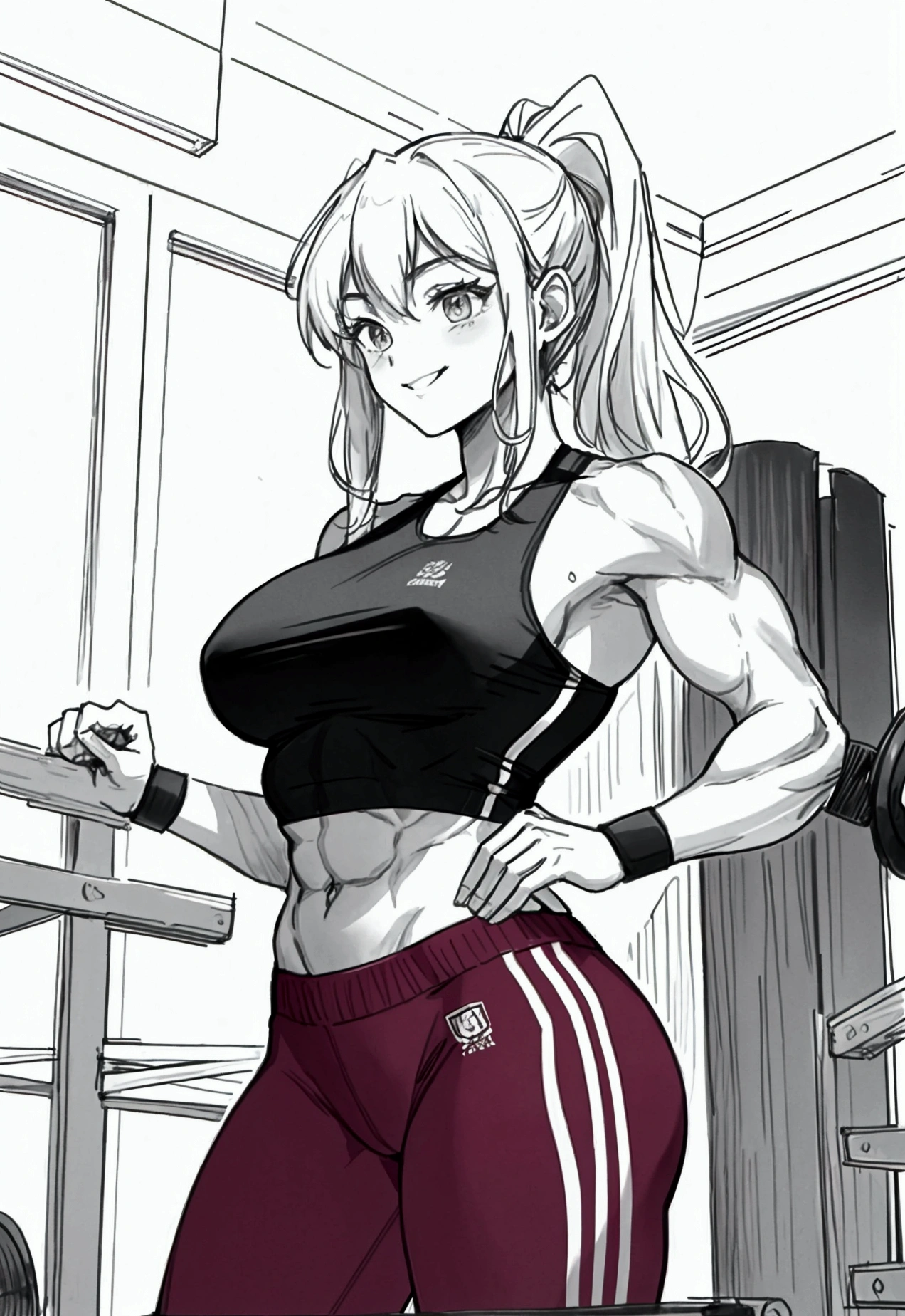 A vibrant gym scene featuring a tall, athletic tall girl with long hair and a toned, well-defined body, though not overly muscular. She's wearing a t-shirt with the words "growing. printed on it, and she is flexing her muscles with a confident smile. Beside her is a female friend, who is much shorter but has extraordinarily large muscles, especially her biceps, which are impressively huge. The little woman stands confidently, showing off her enormous muscles with a big grin. The gym setting is modern, with various exercise equipment in the background, emphasizing the active and energetic atmosphere. The tall woman expression is one of pride and support, while the short girl radiates self-assurance, both enjoying their time together in this empowering moment.