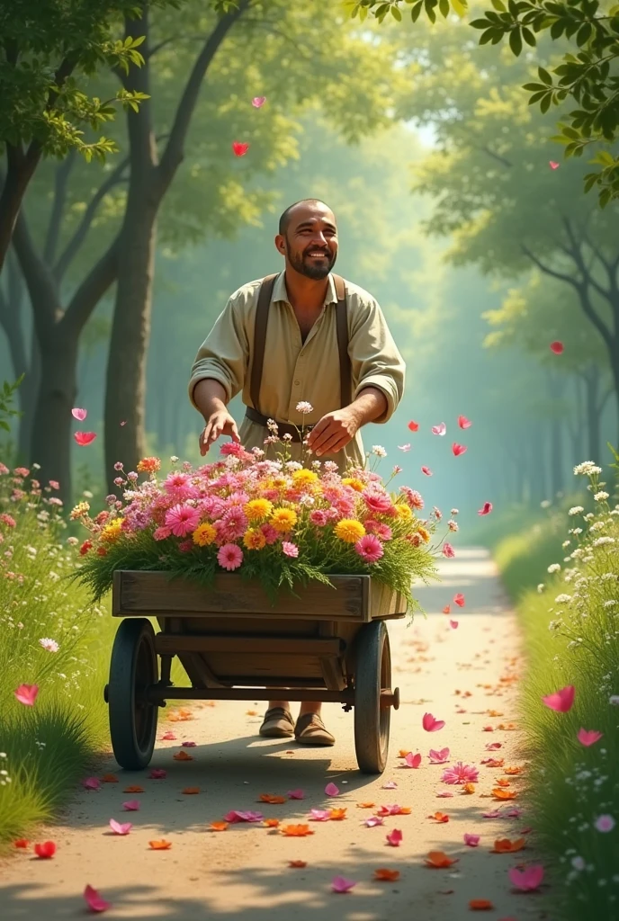 A man who is dropping flowers on the way from his cart...