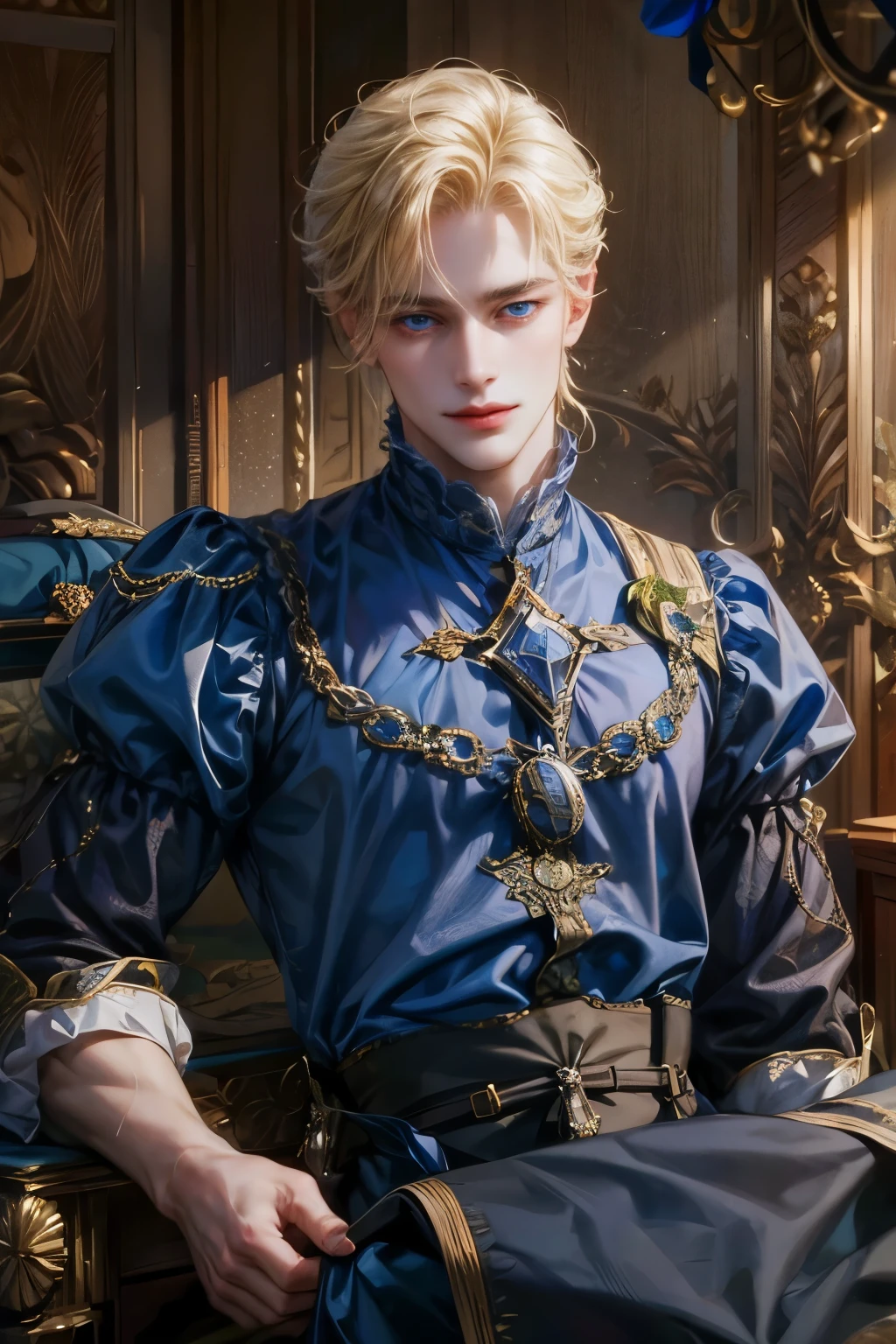 18th century European noblemen,Duke Heir,blond,blue eyes,hansome,Handsome,confidence,Leadership,Thin lips,His eyes are sharp,white shirt,Open the first shirt button, Smile, Narrow shoulders, 1