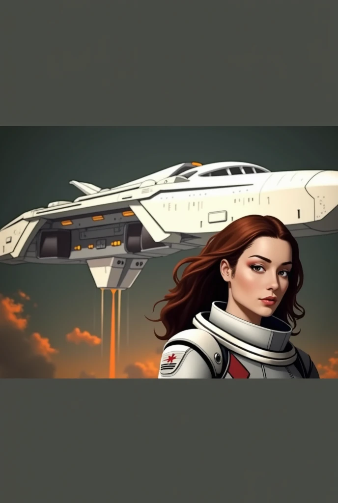 Artworked image of a woman in a futuristic suit and a spaceship in the background., movie art, in front of an orange background, inspired by Robert McGinnis, female protagonist, Megastructure in the background, retrato de an astronaut ia, astronauts, an astronaut, portrait of an astronaut skeleton, perfect android girl, Frank Franzzeta and Sakimichan