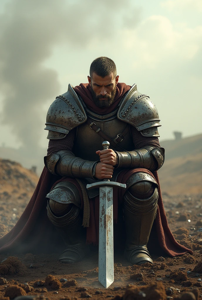 A brave male warrior with 
well built body, he wear a armour and sitting in a battle field on his knees with his long sword
