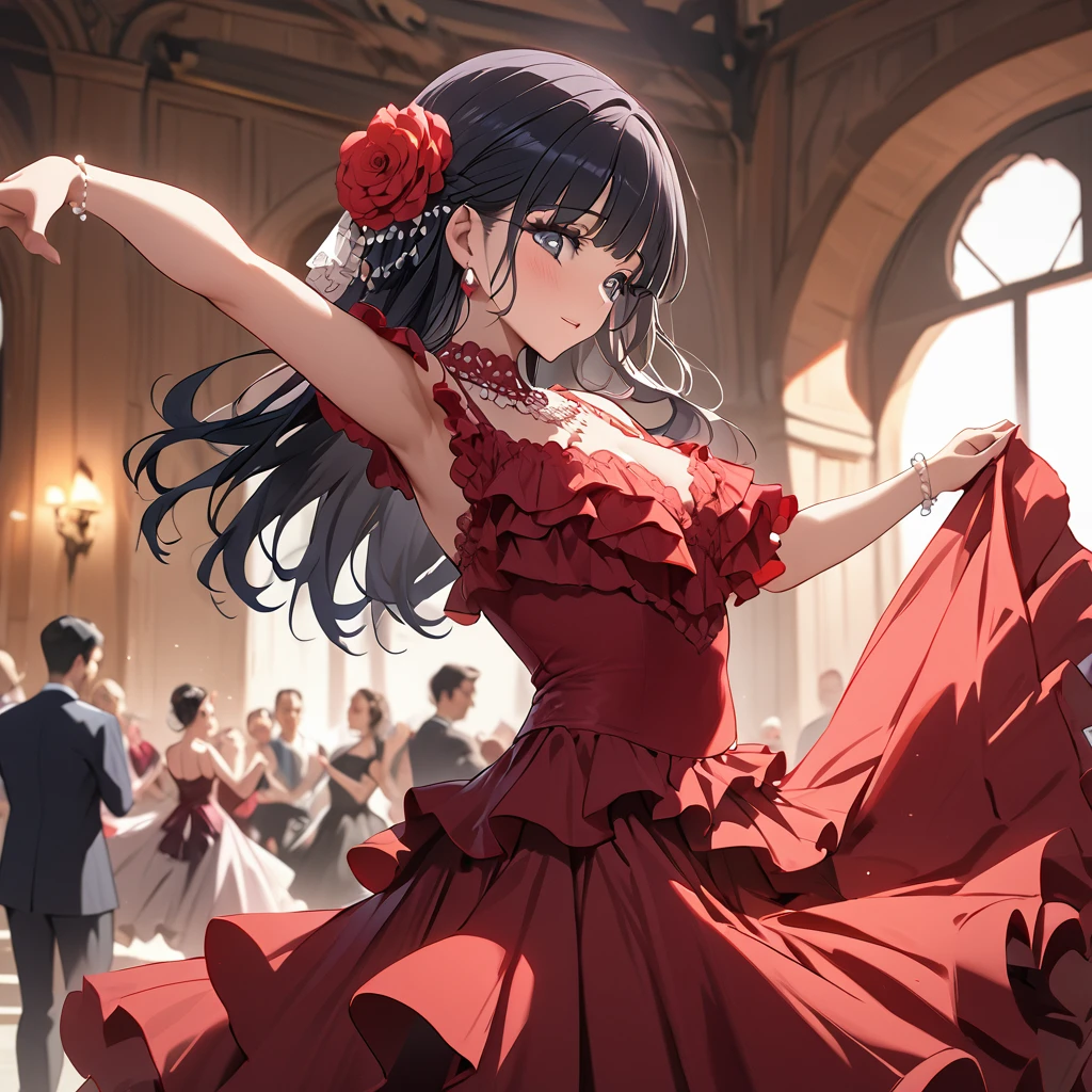 ((Highest quality)), ((masterpiece)), (detailed), （Perfect Face）、The woman is Reika Aoki with semi-long hair、Woman dancing flamenco in flamenco dress in Spain