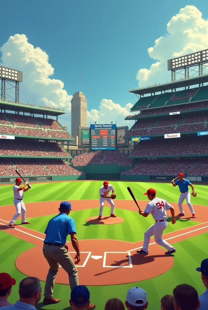 Nuñez Feijoo, Pedro Sanchez, Obama, Joe Biden and Donald Trump playing in a ball park