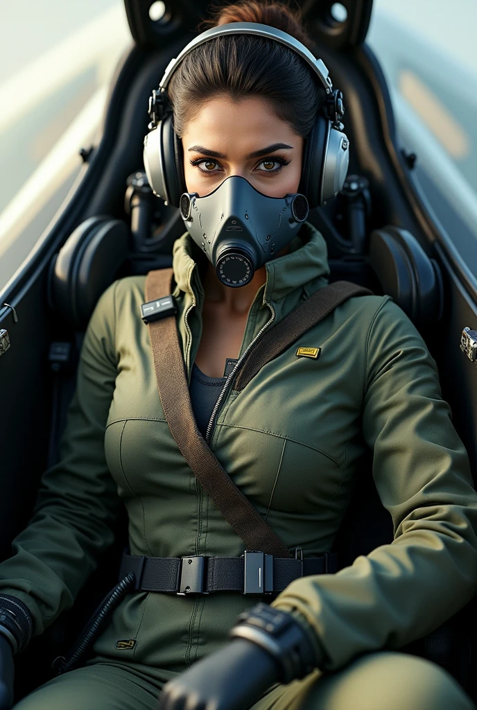 
Aishwarya Rai wearing a fighter pilot suit, a fighter oxygen mask, sitting in cockpit of a fighter plane