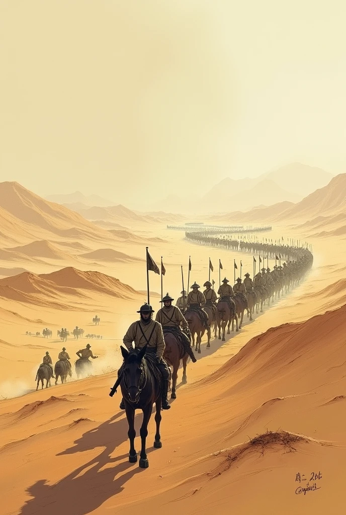 Land of haryana , barren vast land with low height dune with creeps , half of image covers very large amount of soldiers fighting (in small scale )like in old emporers time ,in sketch format