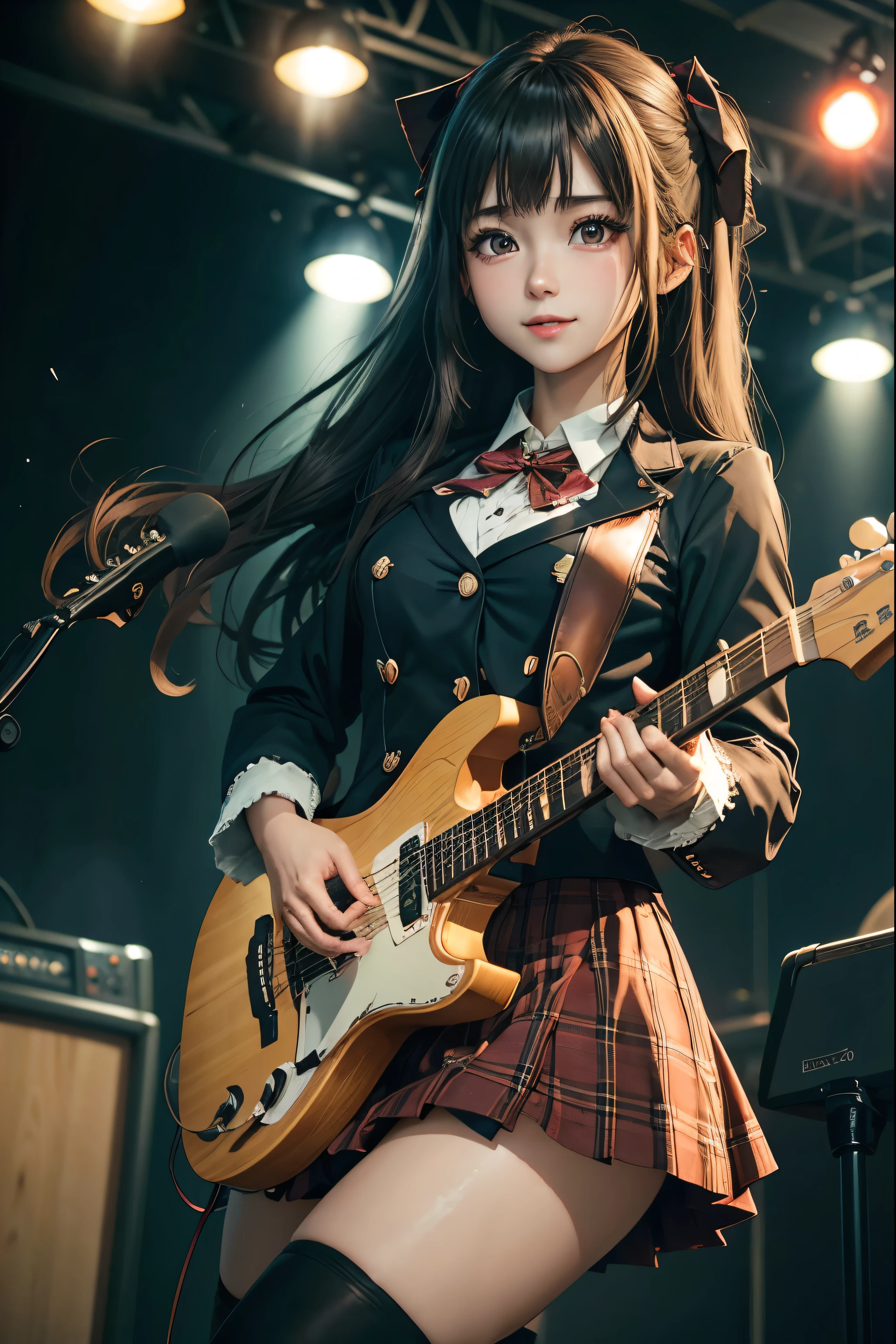 High school girl blazer、uniform、Red checked knee-length skirt、Long skirt、JK Style、Jacket、smile、Knee-high socks、Thigh-high socks、pantyhose、Extremely beautiful、Super cute、ennui、Rare Beauty、Dark black eyeshadow、sad、Skin radiance、Long Hair Straight Hair、Dark Gothic Makeup、Dark Smile、Fragrant beauty、Stained glass background、masterpiece、Highest quality、See 5 books、Sweat glistening on my chest、Sweat glistening on the face、Small breasts、2、Slightly slim、Mysterious look、Sad look、Mysterious Gothic Church、enchanting castle、Excessive sweating all over the body、Sweat dripping down thighs, shining in the light、Shiny thighs、Thighs、Sweat on thighs, shining brightly、sweat profusely、gal、Small breasts、Japanese face、Captivating look、Thin Thighs、play the guitar、I have a guitar、Enthusiastic singing、play the guitar in a band、Playing guitar chords、Background of the live music venue、Sing a song、Open your mouth、Scenery of a live music venue、Mike stand、Glamorous live stage、Dynamic Angles、Vivid straight long hair、delicate straight hair、Extremely fair skin、