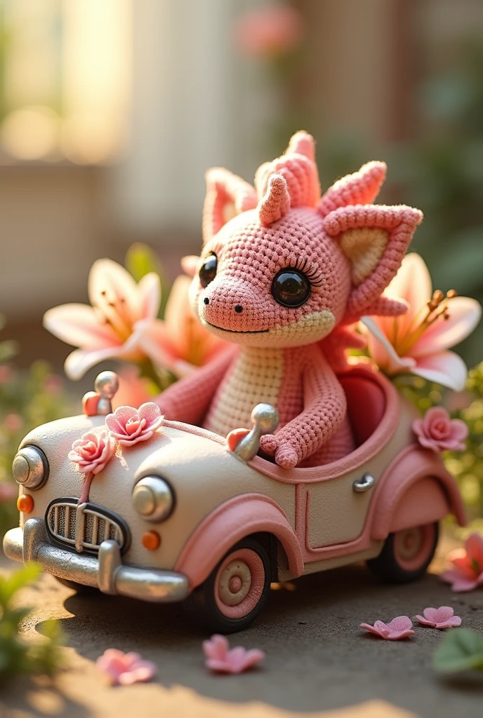 Amigurumi dragon car with Lily flower