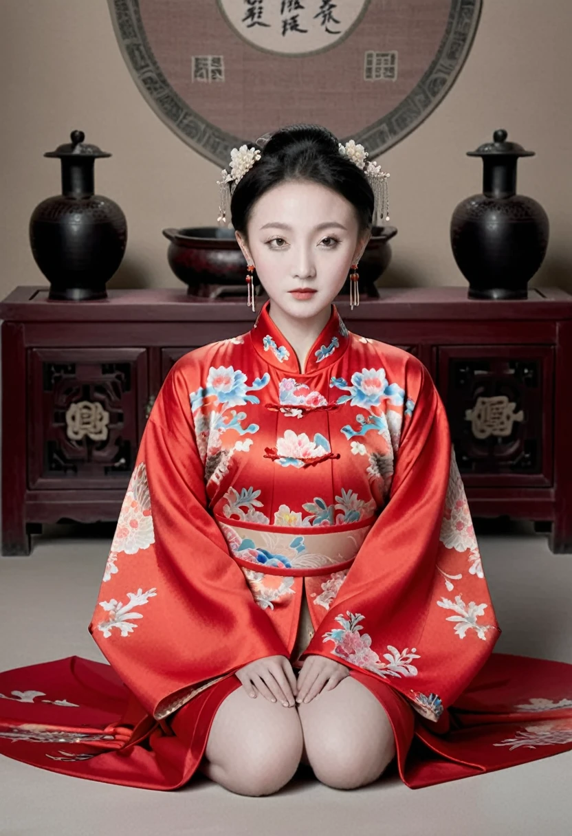 Empress of the Qing Dynasty, A nude woman wearing a red floral Hanfu jacket, Squat down with your legs wide apart, Front view, Inside the Qing Dynasty Palace