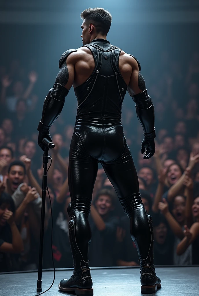 Create an innovative, futuristic and very masculine outfit for a male singer .That gives the impression of a powerful man.Let your posture be forward in movement, singing with microphone in hand , with people listening to him with jubilation .Someone imposing with broad shoulders but a solid, athletic body with a narrow waist that is very manly. .
Let your garment be new, something never seen before. In black and dark grey tones, it is made with fine details for the torso, it could be a shirt, a sweatshirt or something very close to your body..With fine futuristic details .But his torso is covered and with novel details in the pants that give it a futuristic impression..
With shiny black vinyl boots with novel details such as a thin, non-rounded toe that also has high, square heels that give it height., slim the singer and stylize him .
