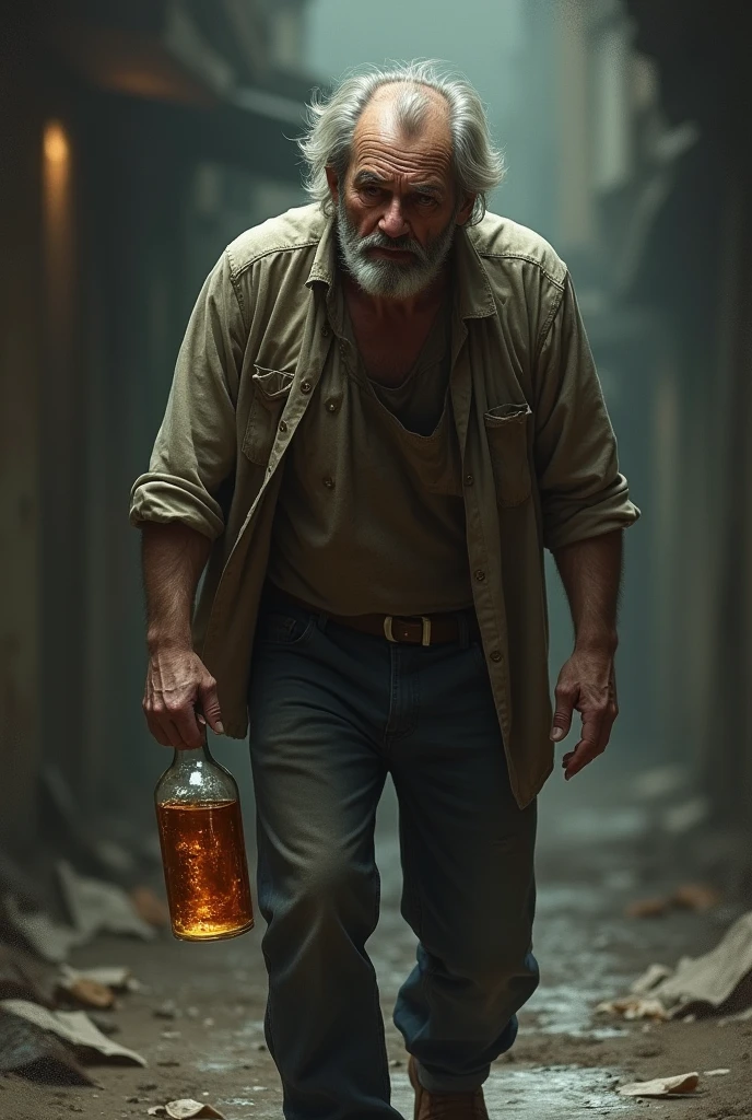 A drunkard who has a bottle of alcohol in his hand and is drunk