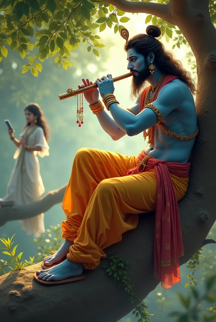 Krishna with fair and handsome muscular body In love with Radha, he has grown a long beard and is sitting on a tree playing a flute while Radha is watching him from a distance.