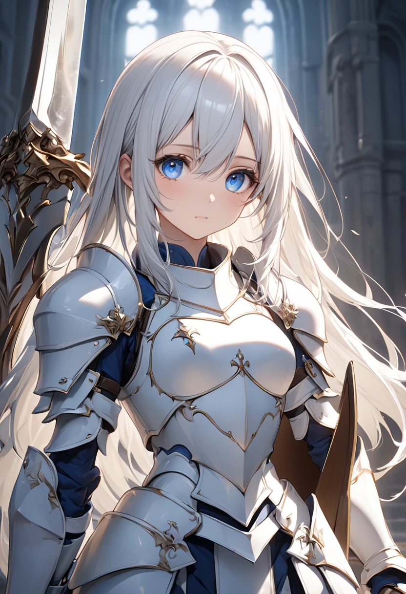 Long hair, (blue eyes:1.5), White Hair、female knight、White Armor, Holding a long sword and a shield、(small breast:1.2), BREAK looking at viewer, BREAK outside, BREAK (masterpiece:1.2), best quality, high resolution, unity 8k wallpaper, (illustration:0.8), (beautiful detailed eyes:1.6), extremely detailed face, perfect lighting, extremely detailed CG, (perfect hands, perfect anatomy),Are standing、Gentle expression