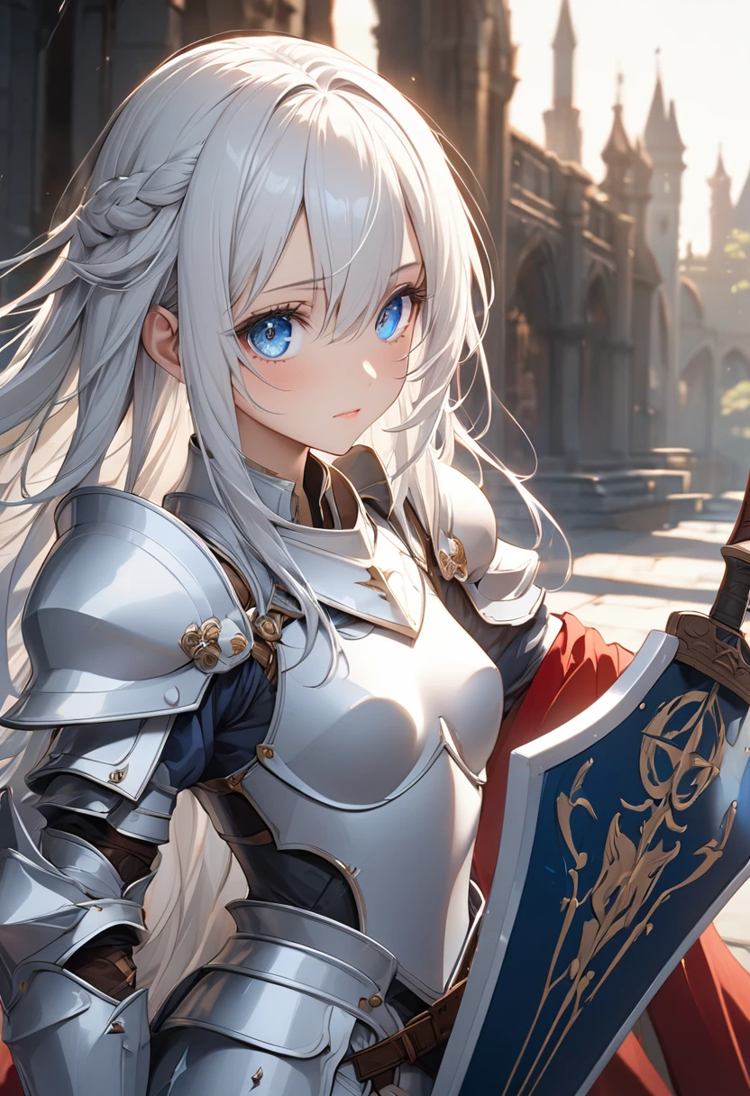 Long hair, (blue eyes:1.5),  White Hair、female knight、White Armor, Holding a long sword and a shield、(small breast:1.2), BREAK looking at viewer, BREAK outside, BREAK (masterpiece:1.2), best quality, high resolution, unity 8k wallpaper, (illustration:0.8), (beautiful detailed eyes:1.6), extremely detailed face, perfect lighting, extremely detailed CG, (perfect hands, perfect anatomy),Are standing、Gentle expression