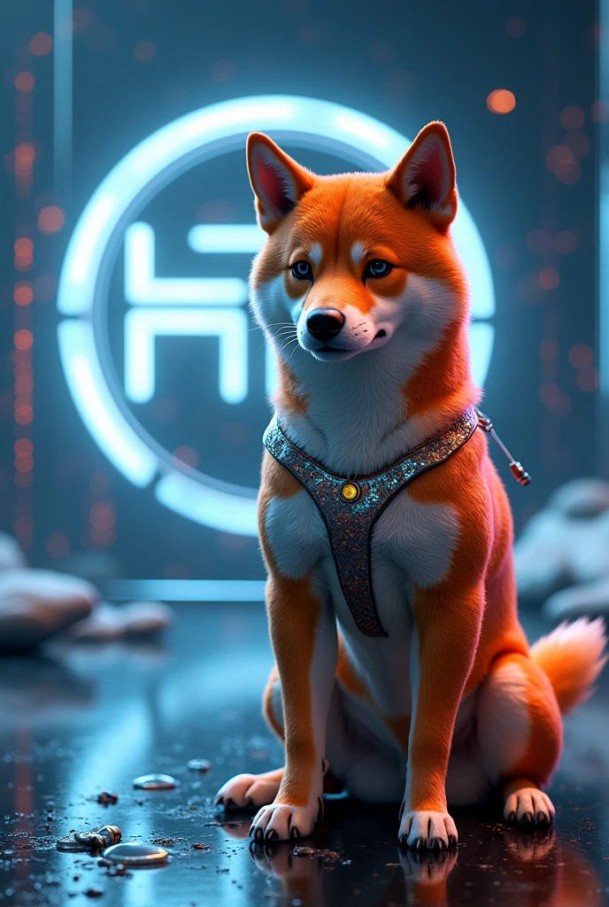 A Shiba Inu dog with a futuristic HTX logo in the background, in a digital art style