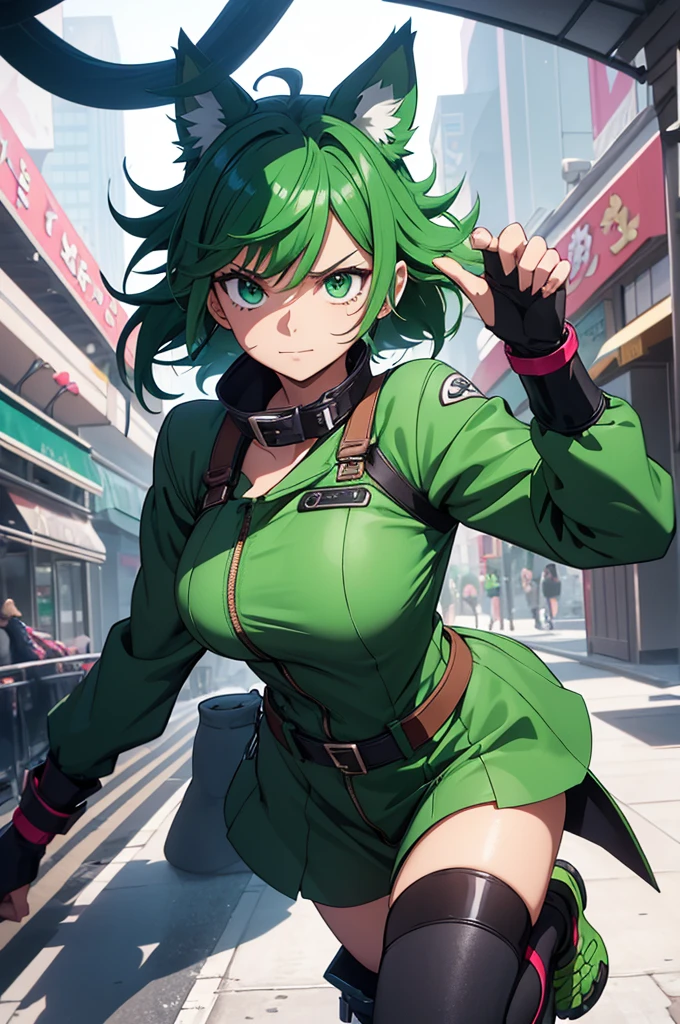 Visualize a female version of Izuku Midoriya from My Hero Academia transformed into a half-dog hybrid. Her short, messy green hair is styled to complement her unique, half-animal appearance, with some strands playfully tousled, as if influenced by her canine nature. Her expressive green eyes retain their characteristic determination and kindness, but with a hint of playful mischief.
She has the following hybrid features:
Dog Ears: Instead of her usual human ears, she now has large, pointed dog ears that sit atop her head. The ears are covered in soft fur that matches her hair color, with the insides a lighter, contrasting shade. The ears are perked up, reflecting her alert and energetic personality.
Tail: A fluffy, wagging tail extends from the base of her spine, covered in the same green fur as her ears. The tail is expressive, adding a dynamic element to her character, whether it’s gently wagging in excitement or lowered in concentration.
Claws and Paws: Her hands and feet have taken on a more canine form, with retractable claws and paw-like pads. However, they retain a humanoid structure, allowing her to move and interact as she normally would, but with added canine abilities like enhanced agility and strength.
Outfit: She wears a modified version of her hero costume that accommodates her new features. The outfit is practical yet stylish, designed to enhance her hybrid abilities while maintaining a heroic appearance. The fabric is durable and flexible, allowing her to move freely in both human and dog-like ways.
Accessories: To further emphasize her half-dog nature, she might wear a collar around her neck with a small, decorative tag shaped like a bone or her hero symbol. The collar is both functional and stylish, matching the color scheme of her outfit.
Additional Details:
Pose: Female Izuku’s pose is dynamic and energetic, perhaps mid-leap or in a crouched position, ready to spring into action. Her expression is determined and focused, but with a touch of