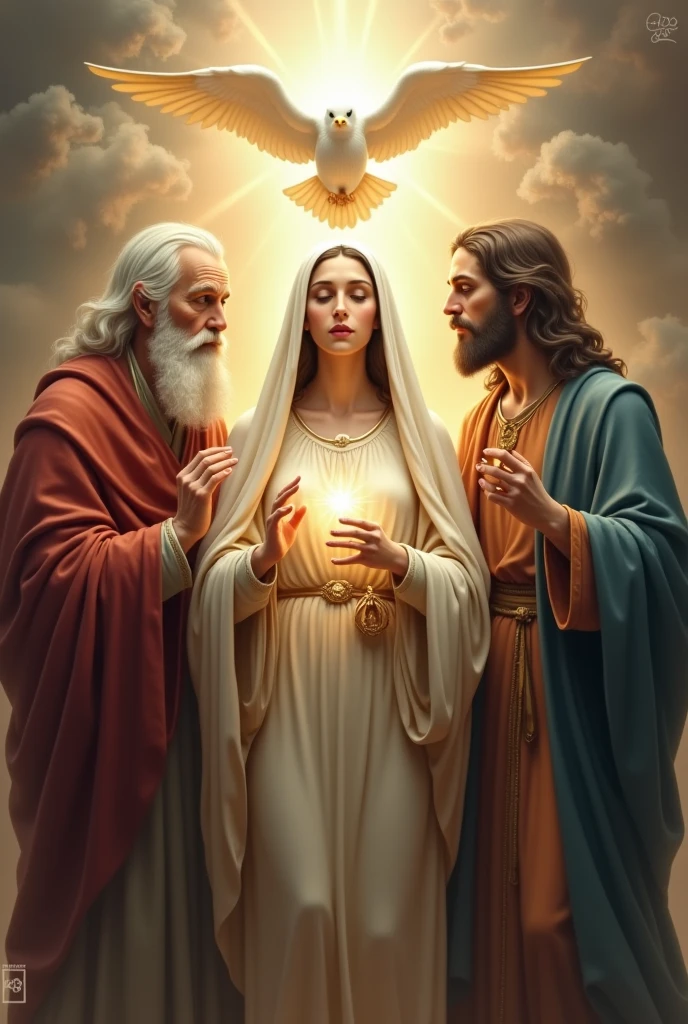 Make me a photo of mother mary, holy spirit, god father, jesus
