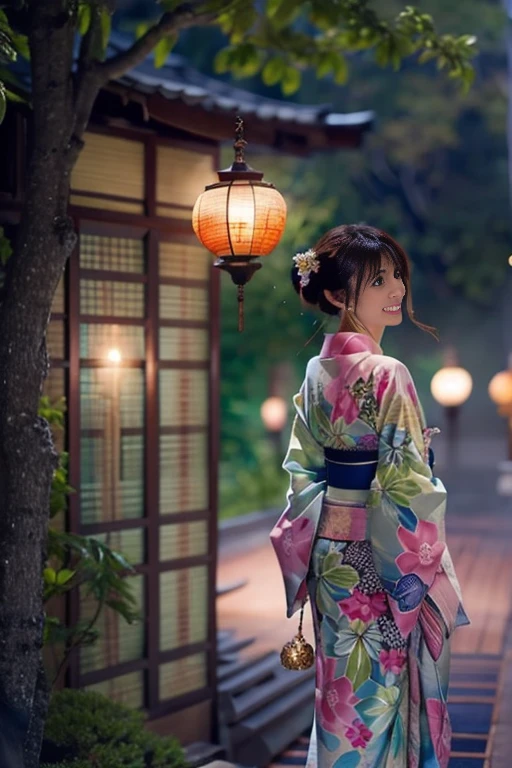 Under the enchanting moonlight, In a tranquil Japanese garden, A beautiful woman with her kimono half-removed、It reveals her graceful shoulders and back.。. Her modest yet captivating gaze is full of hidden secrets.. As she strolls gracefully down the garden path, she sometimes stops、smile briefly at the moon。. The soft light of traditional lanterns creates an enchanting atmosphere, Her loosely tied hair sways gently, Adds to her elegance and charm.
