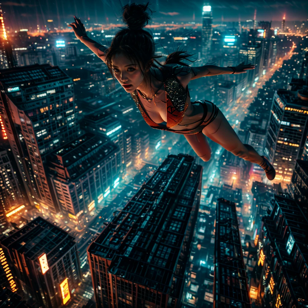 (xuer flies over) extremely detailed (sexy girl), (dramatic, gritty, intense:1.4), city, curved colorful horizon, (Luminism:1.28), PerfectLighting, exposed