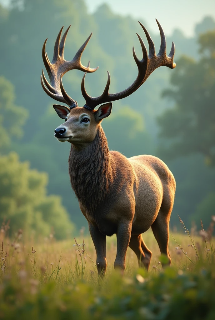 a deer with antlers on a grassy field, distant and side view, 3d model style, detailed 3d render, cinematic lighting, hyperrealistic, award winning, octane render, highly detailed, 8k, photorealistic, extremely detailed, intricate details, realistic textures, volumetric lighting, dramatic lighting, cinematic composition, realistic materials, depth of field, beautiful landscape, lush greenery, detailed foliage, intricate antler details, realistic deer anatomy, photorealistic fur, dramatic shadows, vibrant colors, natural environment, stunning realism
