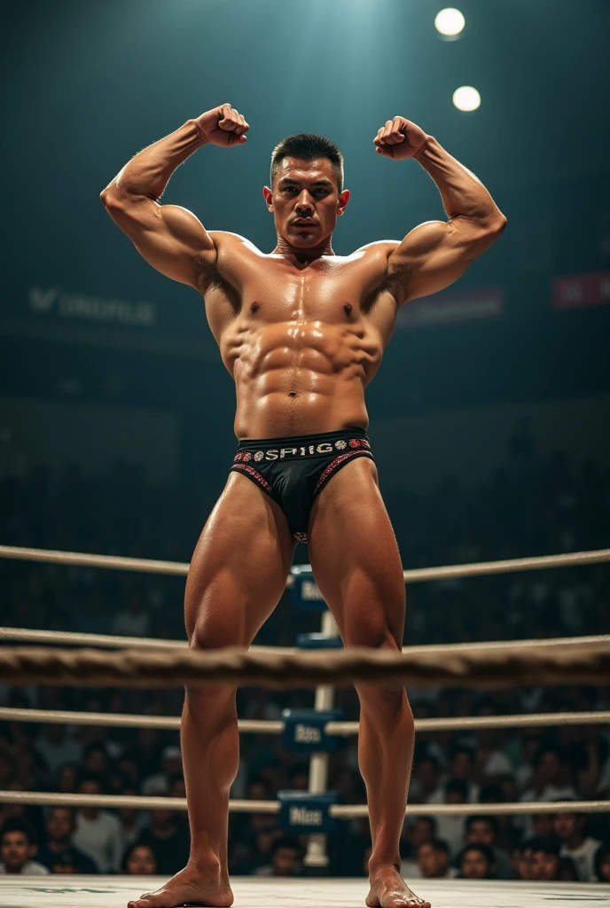 A young Japanese professional wrestler is in the ring。
He&#39;s buzzcut and muscular、Wearing short tights。
Put your knees on the ring and raise your arms to strike a macho pose。
Fujifilm, 