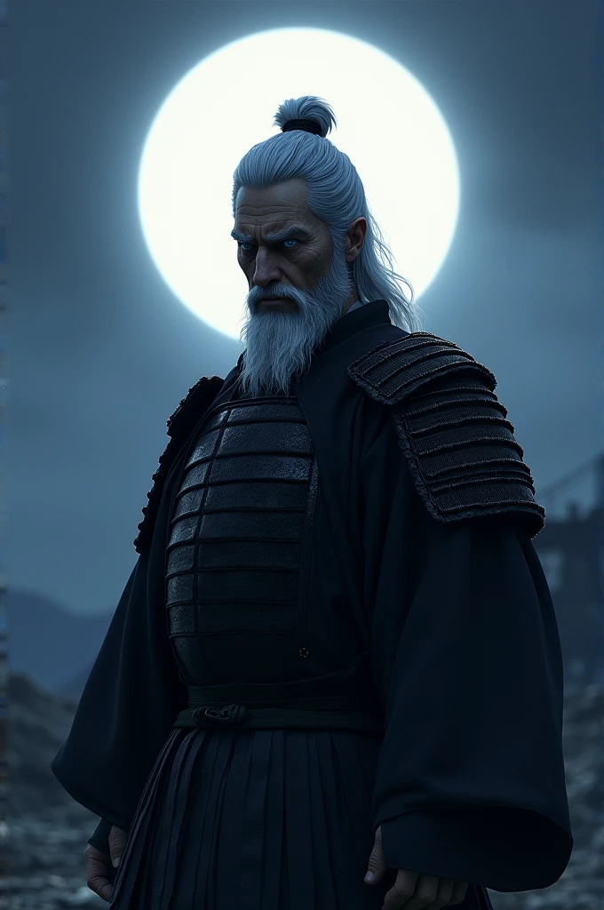 a mature white man, with white and silver hair, with blue eyes, with a scar on his right eye, wearing black Japanese armor, with a bright moon.
