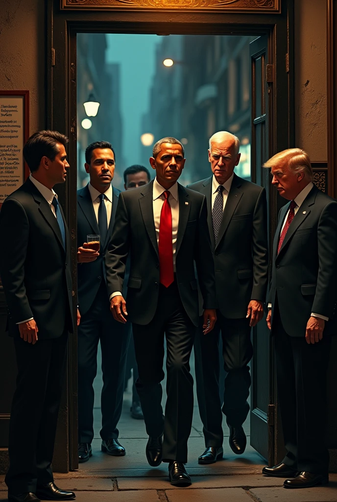 Nuñez Feijoo, Pedro Sanchez, Obama, Joe Biden and Donald Trump leaving a pub