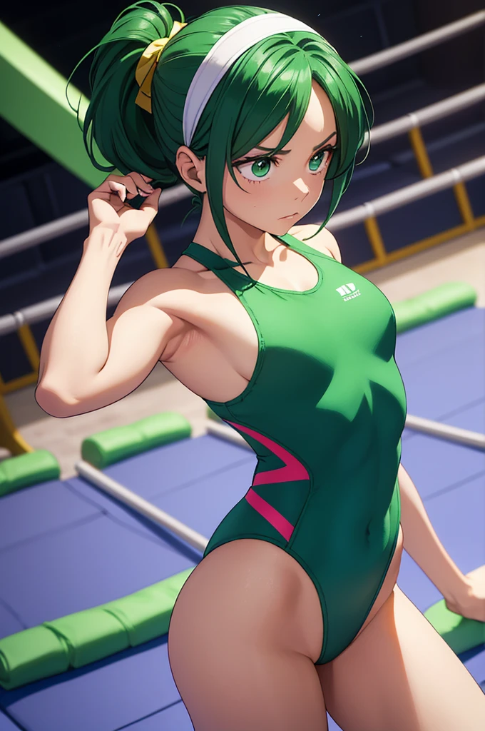 Visualize a female version of Izuku Midoriya from My Hero Academia as a young, dedicated gymnast. Her short green hair is neatly styled, with a few strands falling naturally to frame her face. Her large, expressive green eyes shine with determination and focus, embodying her passion for gymnastics and her never-give-up attitude.
She is dressed in a gymnast outfit with the following features:
Leotard: She wears a sleek, form-fitting leotard designed for maximum flexibility and performance. The leotard is a vibrant shade of emerald green, reflecting her signature color, with accents of white and gold to give it a dynamic, stylish look. The design is modern and athletic, featuring subtle patterns or stripes that add to its visual appeal while ensuring it’s practical for movement.
Footwear: She is barefoot or wearing light, flexible gymnastics slippers, allowing her to maintain a strong grip on the mat or apparatus. The slippers are minimalistic and match the color scheme of her leotard.
Accessories: To keep her look cohesive, she might have small wristbands or a thin headband in matching colors, ensuring her hair stays out of her face while she performs. The headband is simple but adds a touch of flair to her overall appearance.
Additional Details:
Pose: Female Izuku is captured mid-performance, perhaps in a graceful pose on the balance beam, mid-air during a floor routine, or executing a perfect landing after a vault. Her form is impeccable, with her muscles tensed in concentration and her body perfectly aligned. Her expression is focused and determined, showing her commitment to mastering her craft.
Background: The setting is a well-lit gymnastics arena, with a polished wooden floor or cushioned mat beneath her. The background includes subtle elements like gym equipment or a blurred audience, emphasizing the competitive yet supportive atmosphere. The lighting highlights her athleticism and the sheen of her leotard, making her the focal point of the image.
The imag