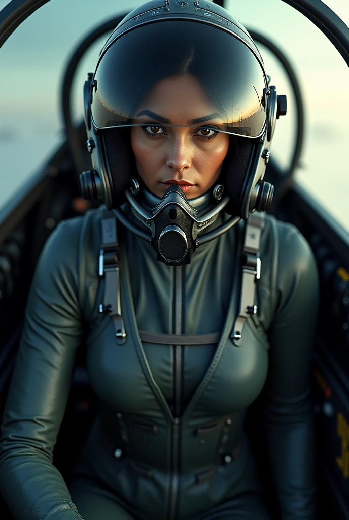 
Aishwarya Rai wearing a fighter pilot suit, a fighter helmet and oxygen mask, sitting in pit of a fighter plane