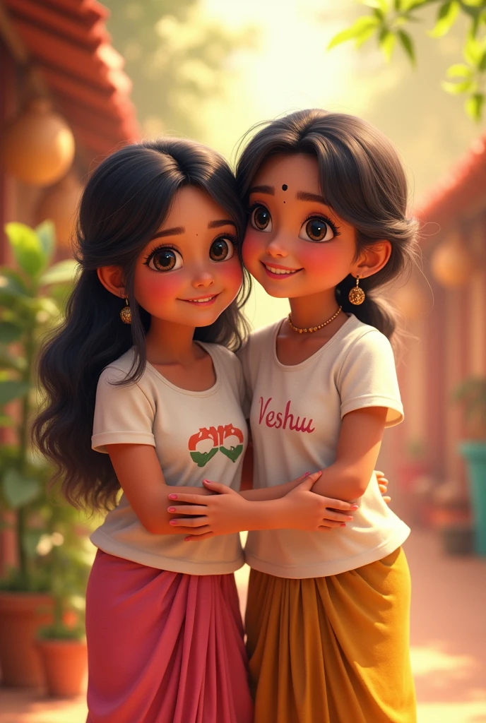Cute Karishna and A indian girl she wear white shirt and on the her shirt write name Veshuu