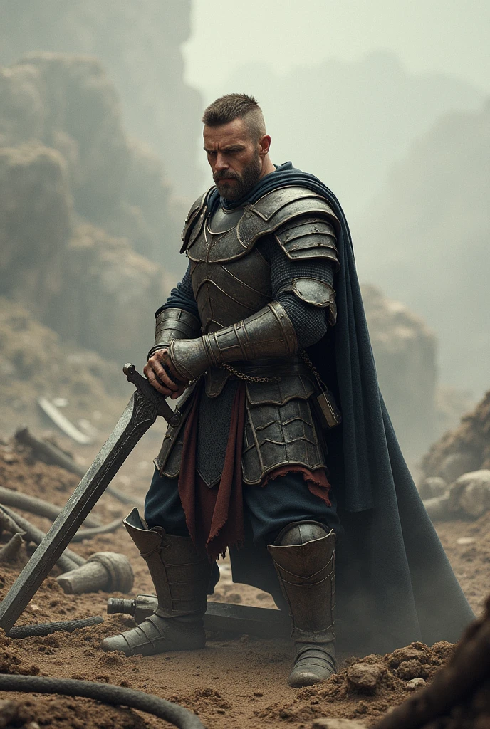 A brave male warrior with military hair cutted,
well built body, he wear a armour and sitting in a battle field on his knees with his long sword
