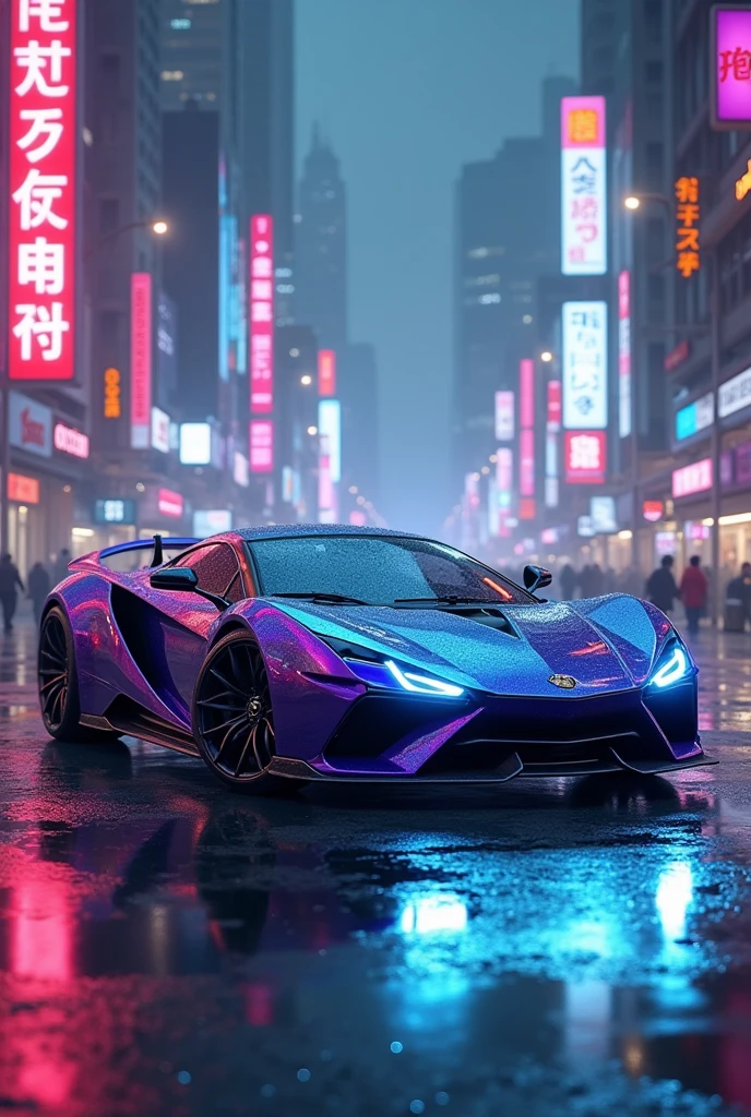 Chrome blue and purple plated car with white lights in a cyberpunk city 