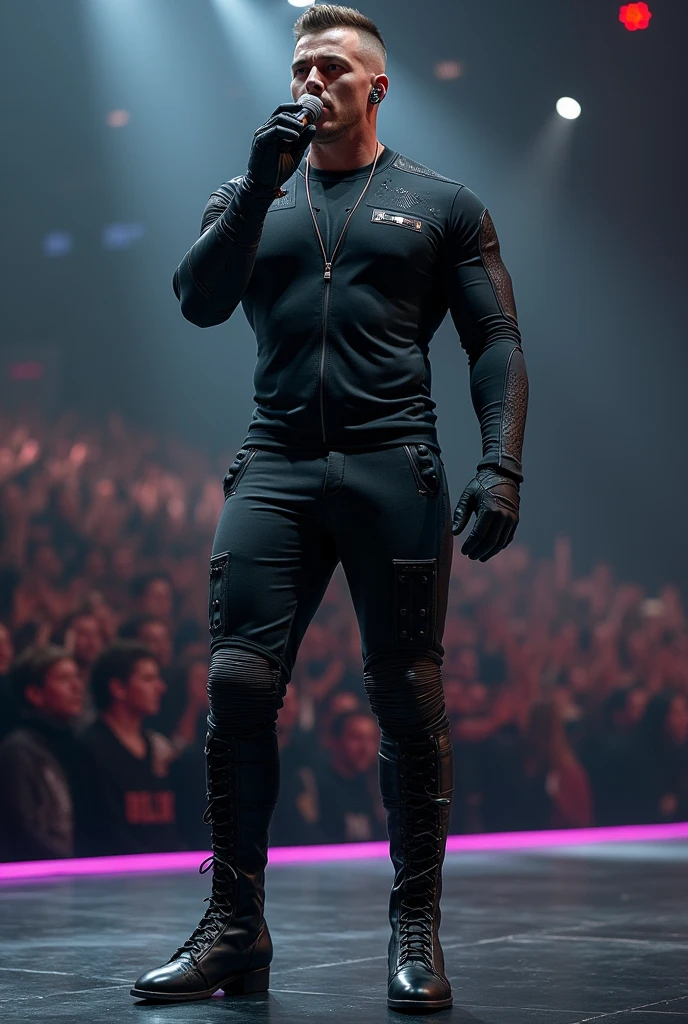 Create an innovative, futuristic and very masculine outfit for a male singer .That gives the impression of a powerful man.Let your posture be forward in movement, singing with microphone in hand , with a lot of public .Someone imposing with broad shoulders but a solid, athletic body with a narrow waist that is very manly. .
Let your garment be new, something never seen before. In black and dark grey tones, it is made with fine details for the torso, it could be a shirt, a sweatshirt or something very close to your body..With fine futuristic details  .But his torso is covered and with novel details in the pants that give it a futuristic impression..
With shiny black vinyl boots with novel details such as a thin, non-rounded toe that also has high, square heels that give it height., slim the singer and stylize him .

