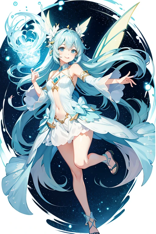 Fairy, long light blue hair, cute character, anime style, smiling, full body, attractive, high resolution, delicate
